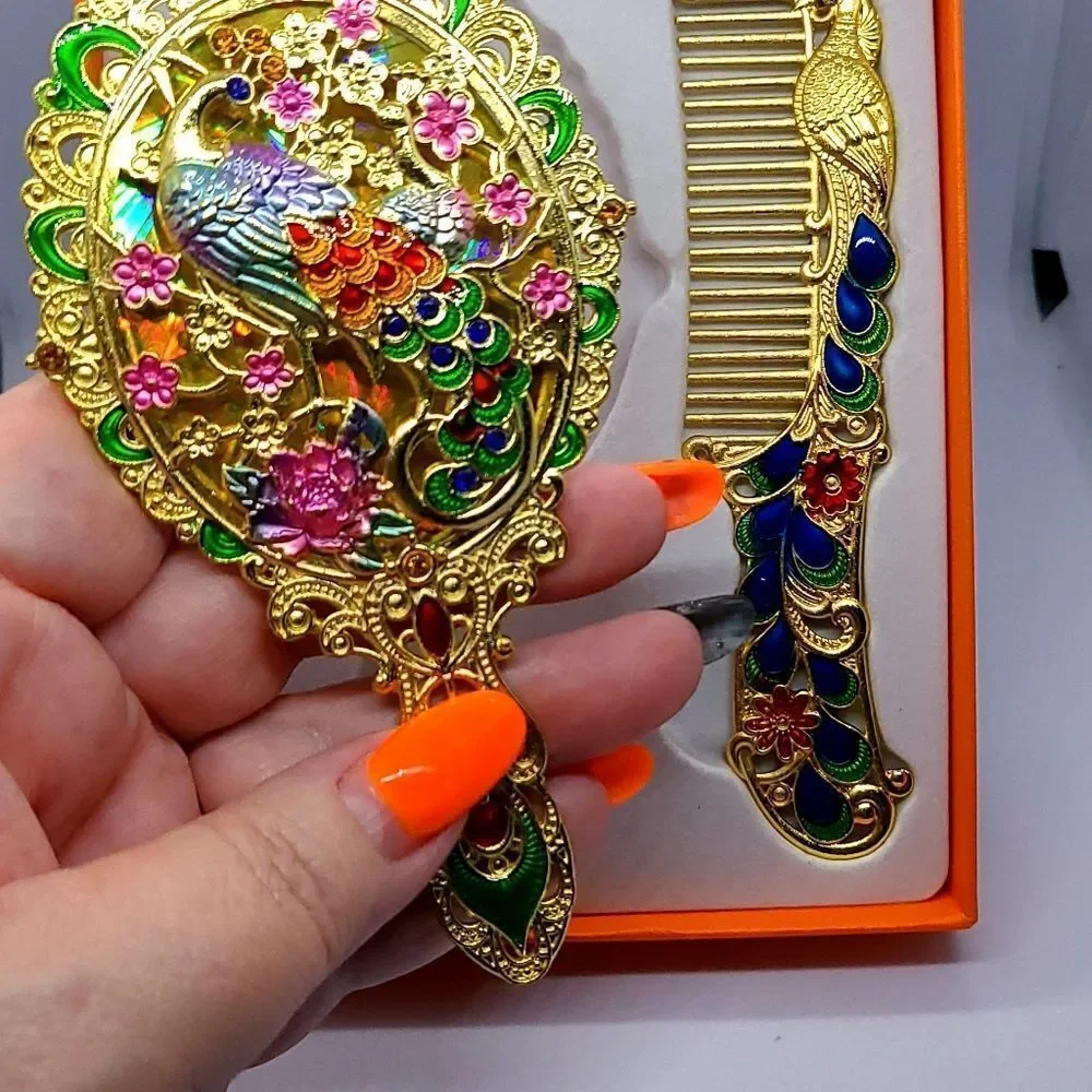 Vintage Peacock Mirror Comb Gift Box Set Yellow Gold Rhinestone Regency Vanity
